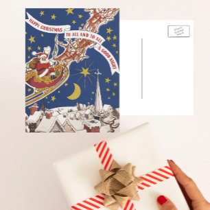 Vintage Christmas Santa Claus With Flying Reindeer Holiday Postcard