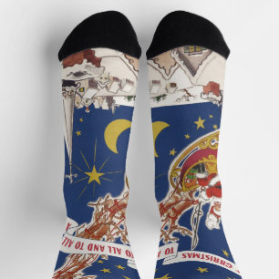 Vintage Christmas Santa Claus With Flying Reindeer Socks