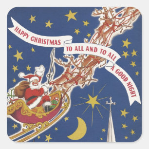 Vintage Christmas Santa Claus With Flying Reindeer Square Sticker