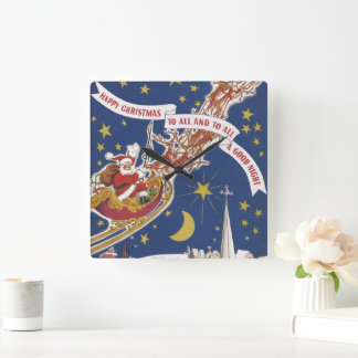 Vintage Christmas Santa Claus With Flying Reindeer Square Wall Clock