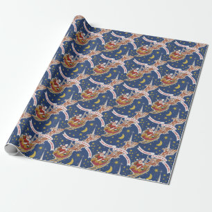 Vintage Christmas Santa Claus With Flying Reindeer Wrapping Paper