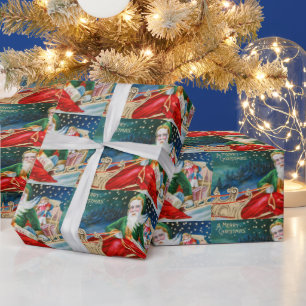 Vintage christmas santa claus with gifts and snow wrapping paper