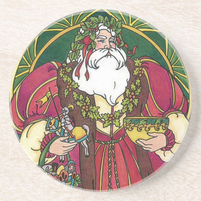 Vintage Christmas, Santa Claus with Holly Leaves Coaster (Front)