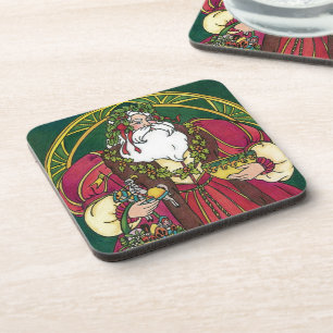 Vintage Christmas, Santa Claus with Holly Leaves Coaster