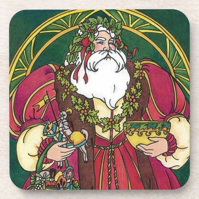 Vintage Christmas, Santa Claus with Holly Leaves Coaster (Front)