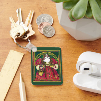 Vintage Christmas, Santa Claus with Holly Leaves Key Ring