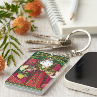 Vintage Christmas, Santa Claus with Holly Leaves Key Ring