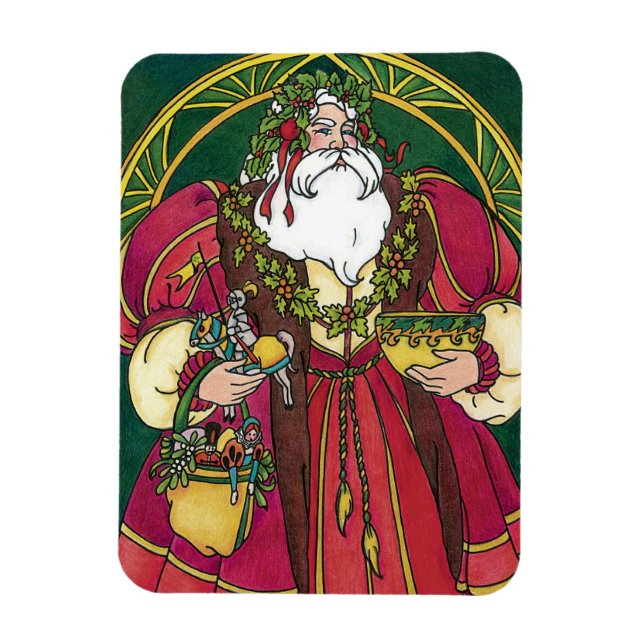 Vintage Christmas, Santa Claus with Holly Leaves Magnet (Vertical)