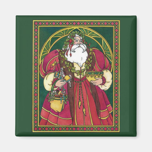 Vintage Christmas, Santa Claus with Holly Leaves Magnet (Front)