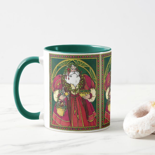 Vintage Christmas, Santa Claus with Holly Leaves Mug (With Donut)