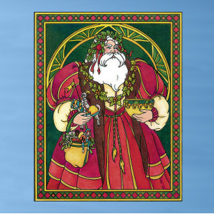 Vintage Christmas, Santa Claus with Holly Leaves Poster