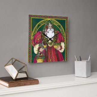 Vintage Christmas, Santa Claus with Holly Leaves Square Wall Clock