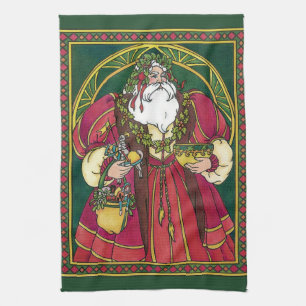 Vintage Christmas, Santa Claus with Holly Leaves Tea Towel