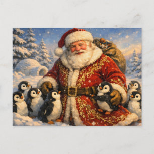 Vintage Christmas Santa Claus with Penguins Holiday Postcard