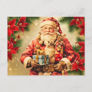 Vintage Christmas Santa Claus with Poinsettia  Holiday Postcard