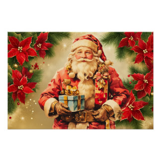 Vintage Christmas Santa Claus with Poinsettia Poster