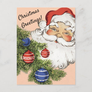 Vintage Christmas Santa Claus with Tree Ornaments Holiday Postcard
