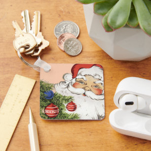 Vintage Christmas Santa Claus with Tree Ornaments Key Ring