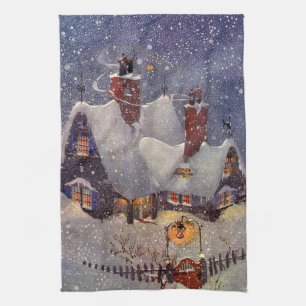 Vintage Christmas, Santa Claus Workshop North Pole Tea Towel