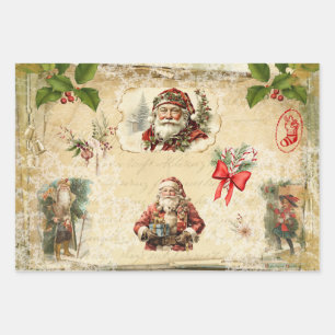 Vintage Christmas Santa Collage Wrapping Paper Sheet