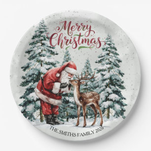 Vintage Christmas Santa & Deer Paper Plates