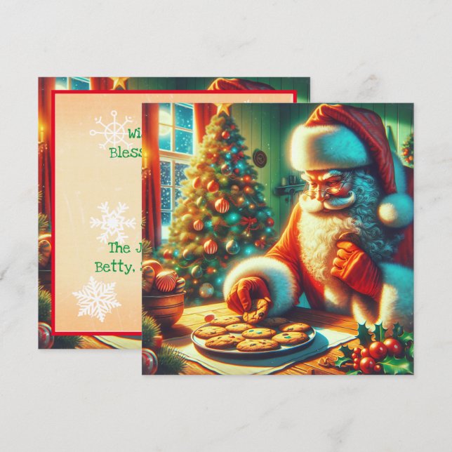 Vintage Christmas Santa Eating Cookies Holiday Card (Front/Back)