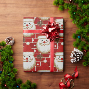 Vintage Christmas Santa Faces On Brick Wrapping Paper