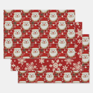 Vintage Christmas Santa Faces On Brick Wrapping Paper Sheet