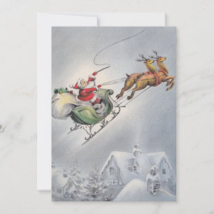 Vintage Christmas Santa Flying Reindeer Holiday Card
