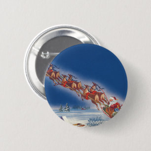 Vintage Christmas, Santa Flying Sleigh w Reindeer 6 Cm Round Badge