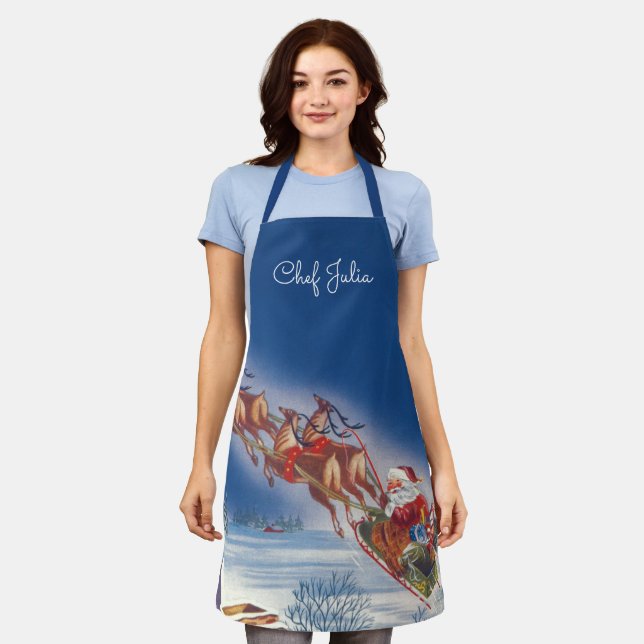 Vintage Christmas, Santa Flying Sleigh w Reindeer Apron (Worn)