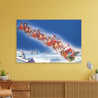 Vintage Christmas, Santa Flying Sleigh w Reindeer Canvas Print