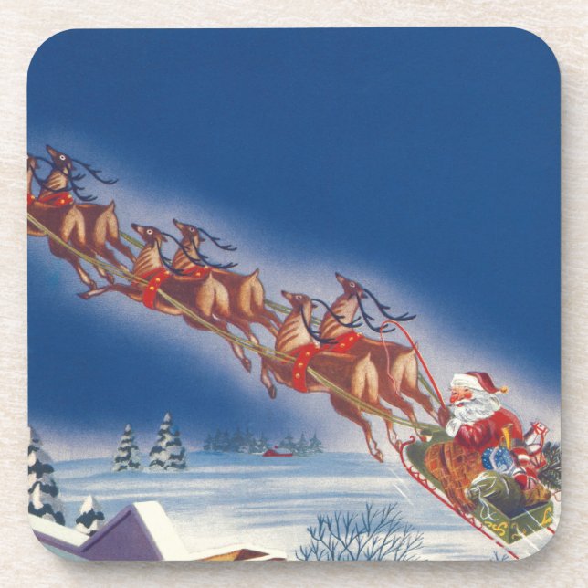 Vintage Christmas, Santa Flying Sleigh w Reindeer Coaster (Front)