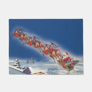 Vintage Christmas, Santa Flying Sleigh w Reindeer Doormat