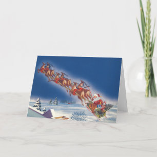 Vintage Christmas, Santa Flying Sleigh w Reindeer Holiday Card