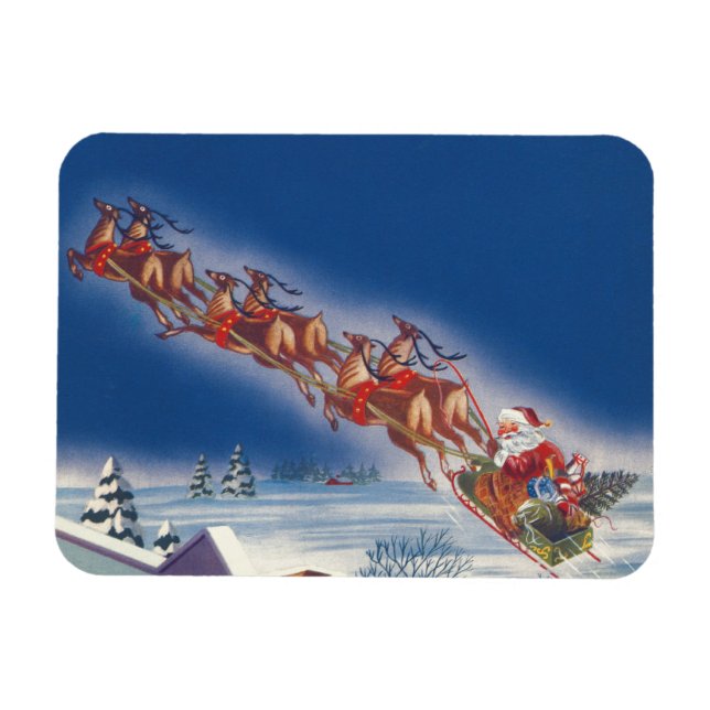 Vintage Christmas, Santa Flying Sleigh w Reindeer Magnet (Horizontal)