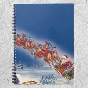 Vintage Christmas, Santa Flying Sleigh w Reindeer Notebook