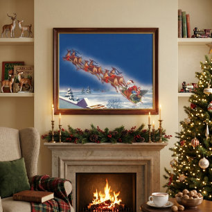 Vintage Christmas, Santa Flying Sleigh w Reindeer Poster