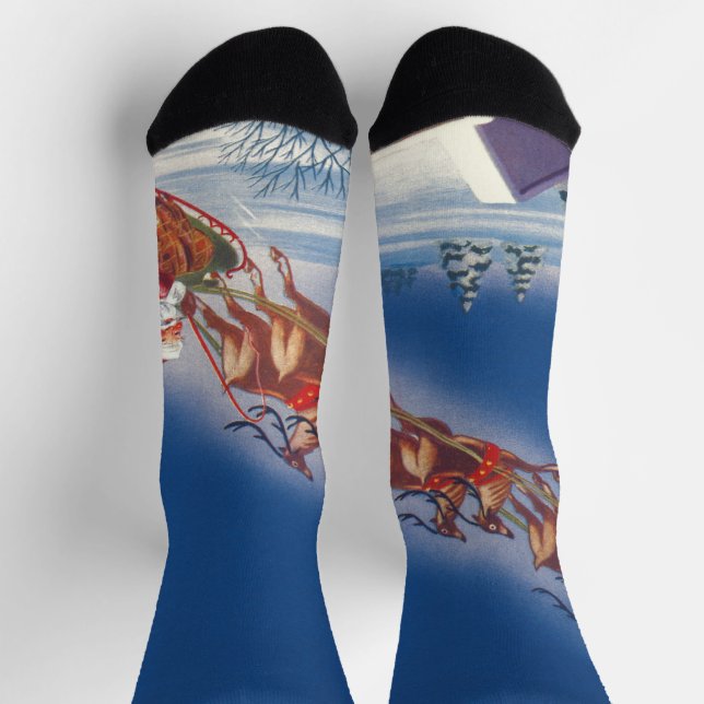 Vintage Christmas, Santa Flying Sleigh w Reindeer Socks (Top)
