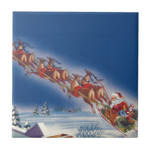 Vintage Christmas, Santa Flying Sleigh w Reindeer Tile