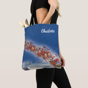 Vintage Christmas, Santa Flying Sleigh w Reindeer Tote Bag