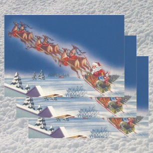 Vintage Christmas, Santa Flying Sleigh w Reindeer Wrapping Paper Sheet