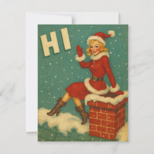 Vintage Christmas Santa Girl On Rooftop  Holiday Card