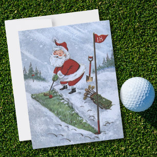 Vintage Christmas Santa Golfing Holiday Card
