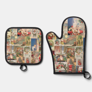 Vintage Christmas Santa Holiday Decoupage Postcard Oven Mitt & Pot Holder Set