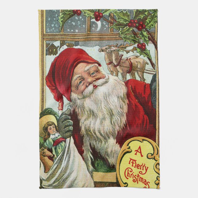 Vintage Christmas Santa Holiday kitchen towel (Vertical)