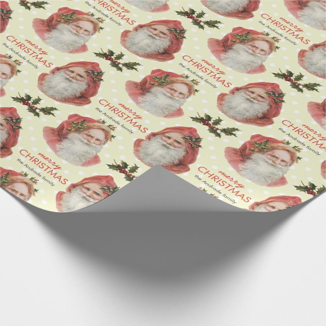 Vintage Christmas Santa Holly Beige Personalised Wrapping Paper (Corner)