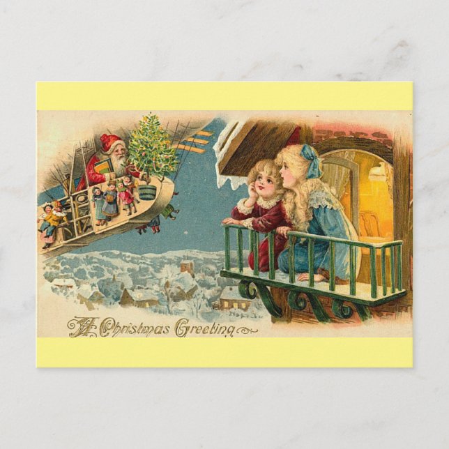 Vintage Christmas santa in aeroplane balloon Postcard (Front)