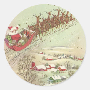 Vintage Christmas Santa In Sleigh Classic Round Sticker