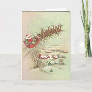 Vintage Christmas Santa In Sleigh Holiday Card